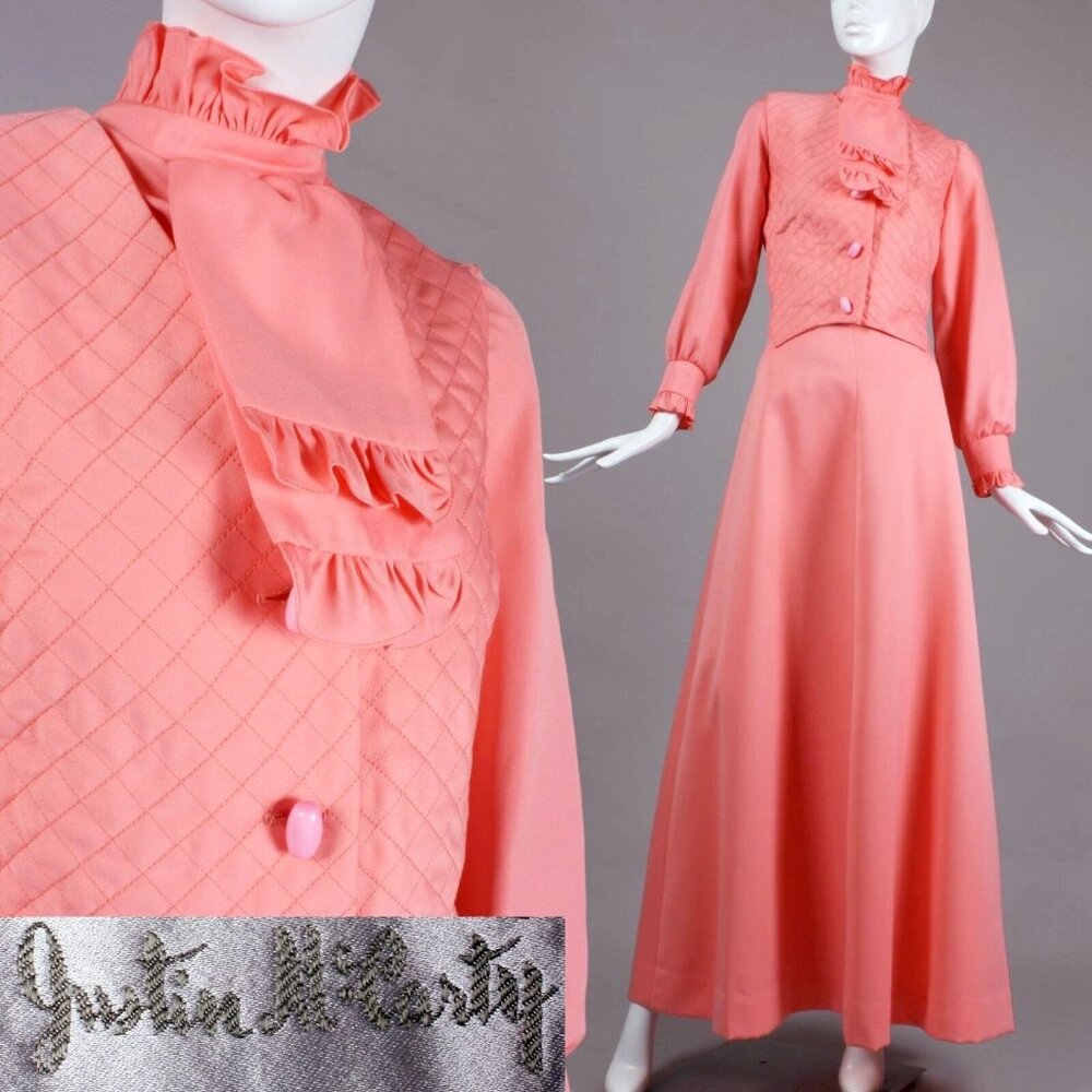 L Vintage 60s Coral Dress Maxi Skirt Vest Top Set